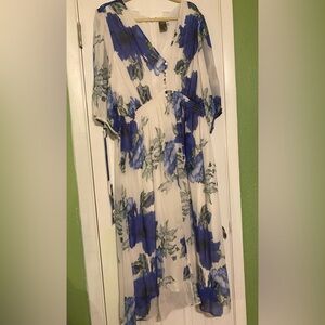 White and blue floral dress.